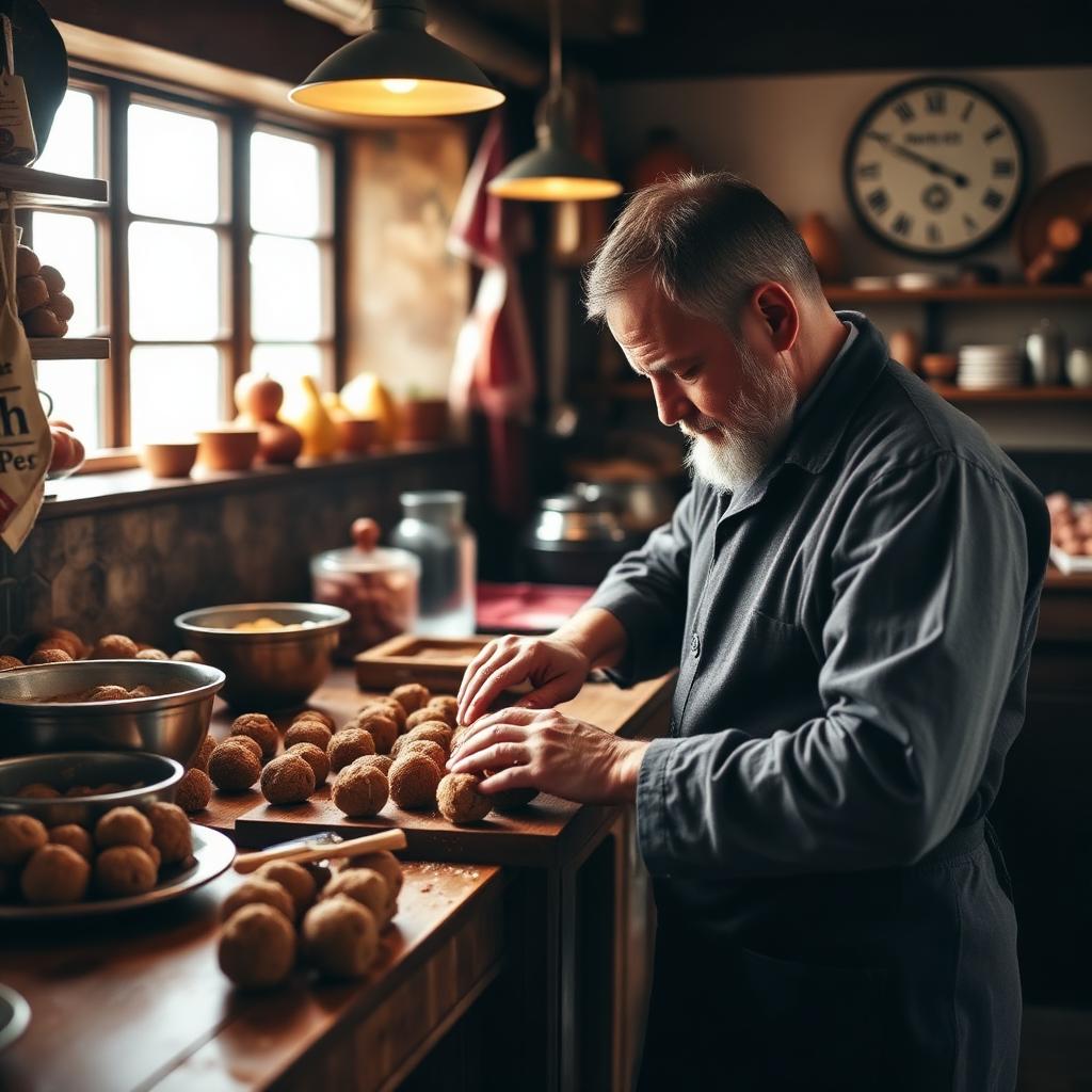 Nonkel Pé rolt bitterballen aan zijn werkbank